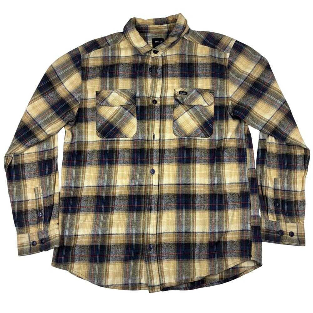 RVCA Shirt Large Yellow Black Plaid Flannel Regular Fit Western Rodeo Cowboy